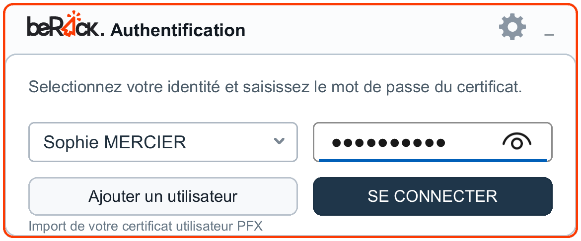Écran de vérification d'accès : choix de l'utilisateur et mot de passe de la clé.