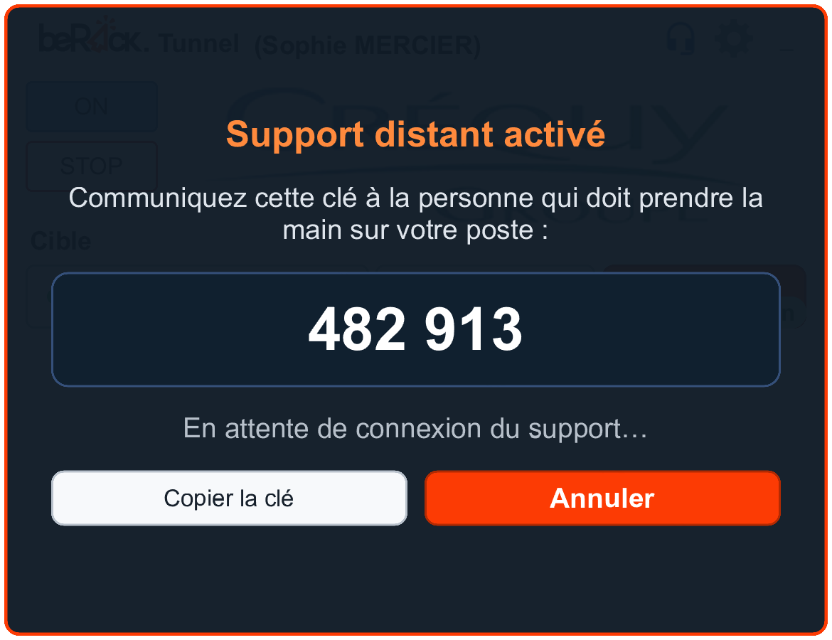 Côté poste : la clé d'accès à communiquer au support et l'état de la demande.