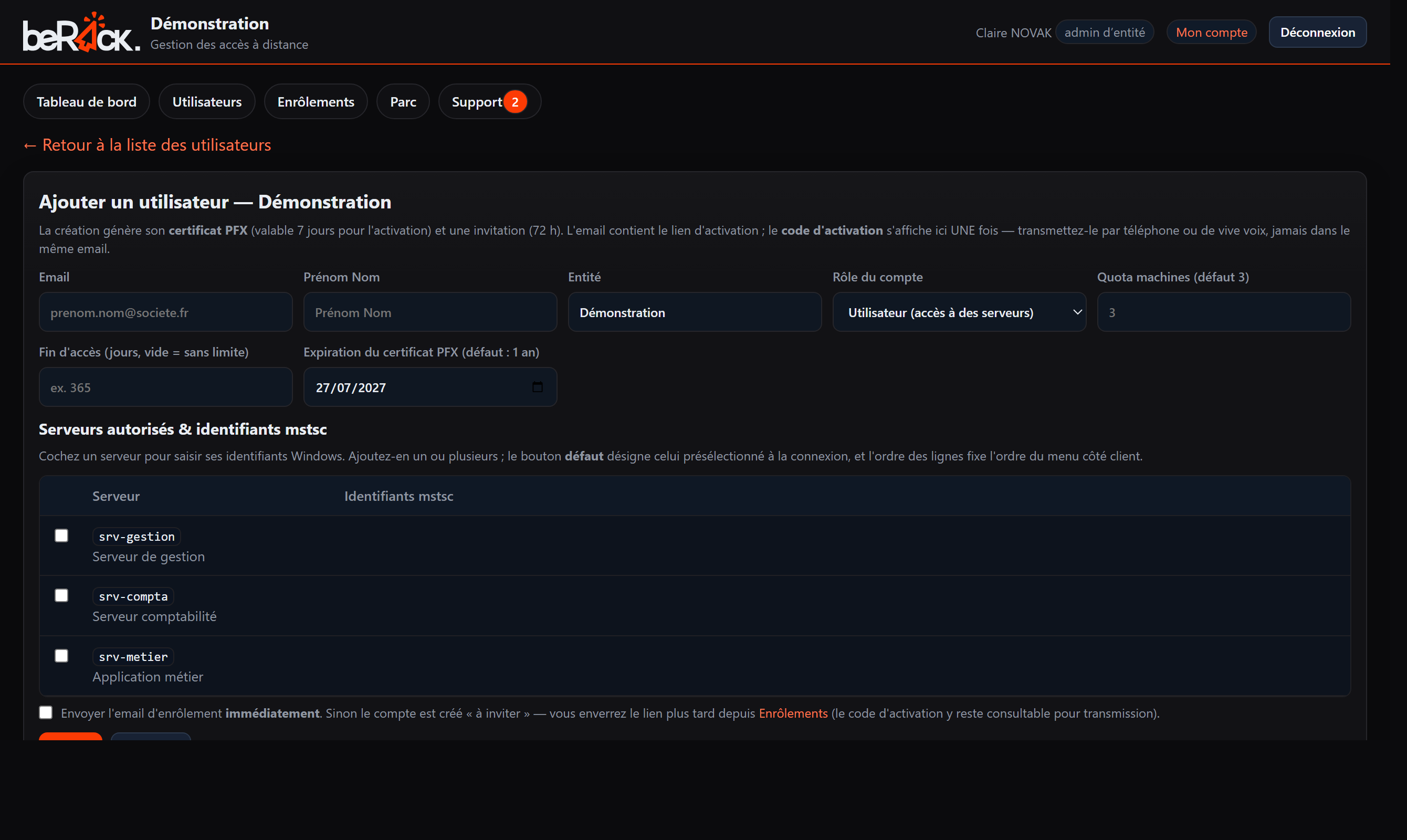 Formulaire de création d'un utilisateur : entité, rôle, quota de postes, serveurs autorisés et identifiants Windows.